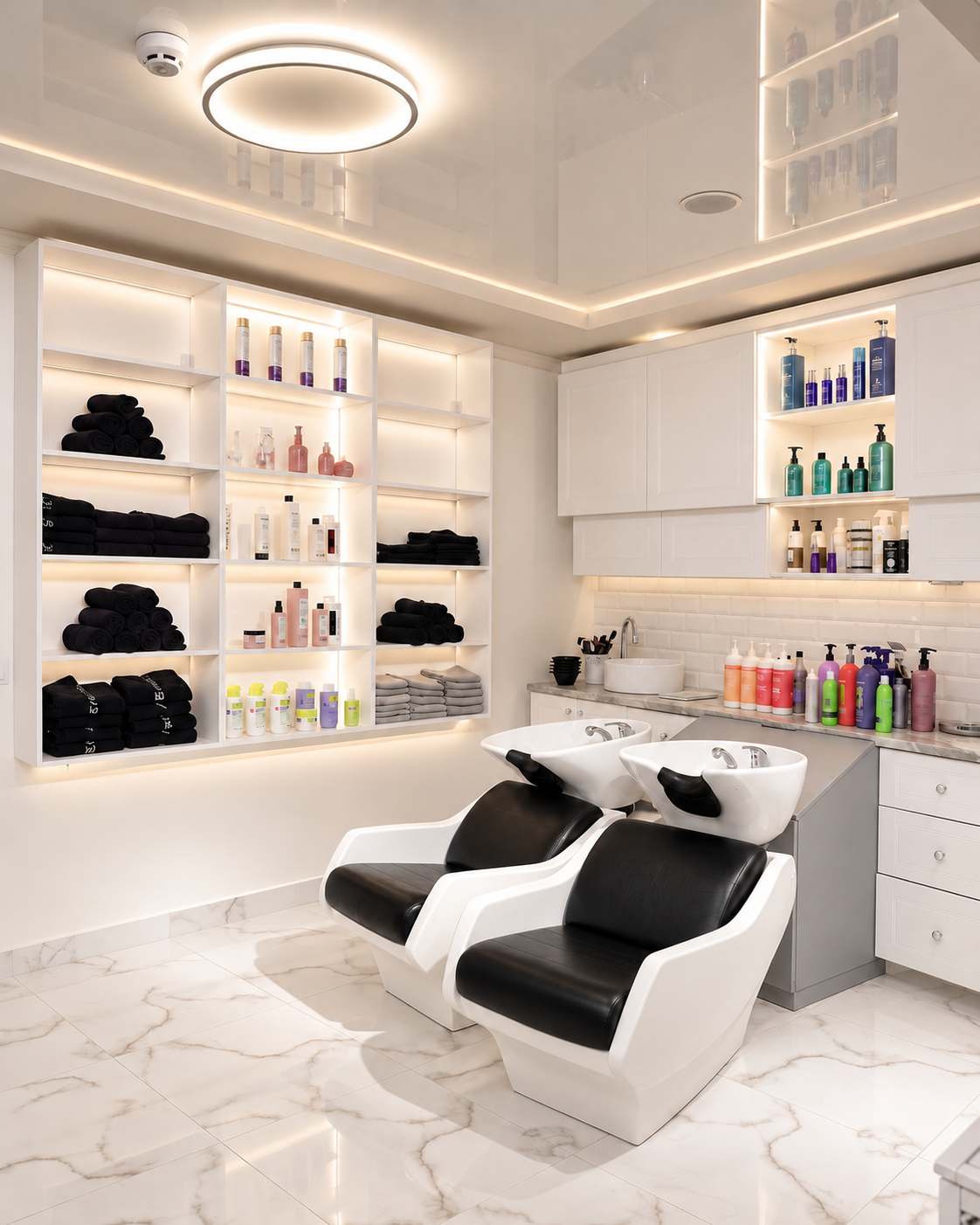 Робоча зона та мийки для волосся у салоні MONO BEAUTY CLUB